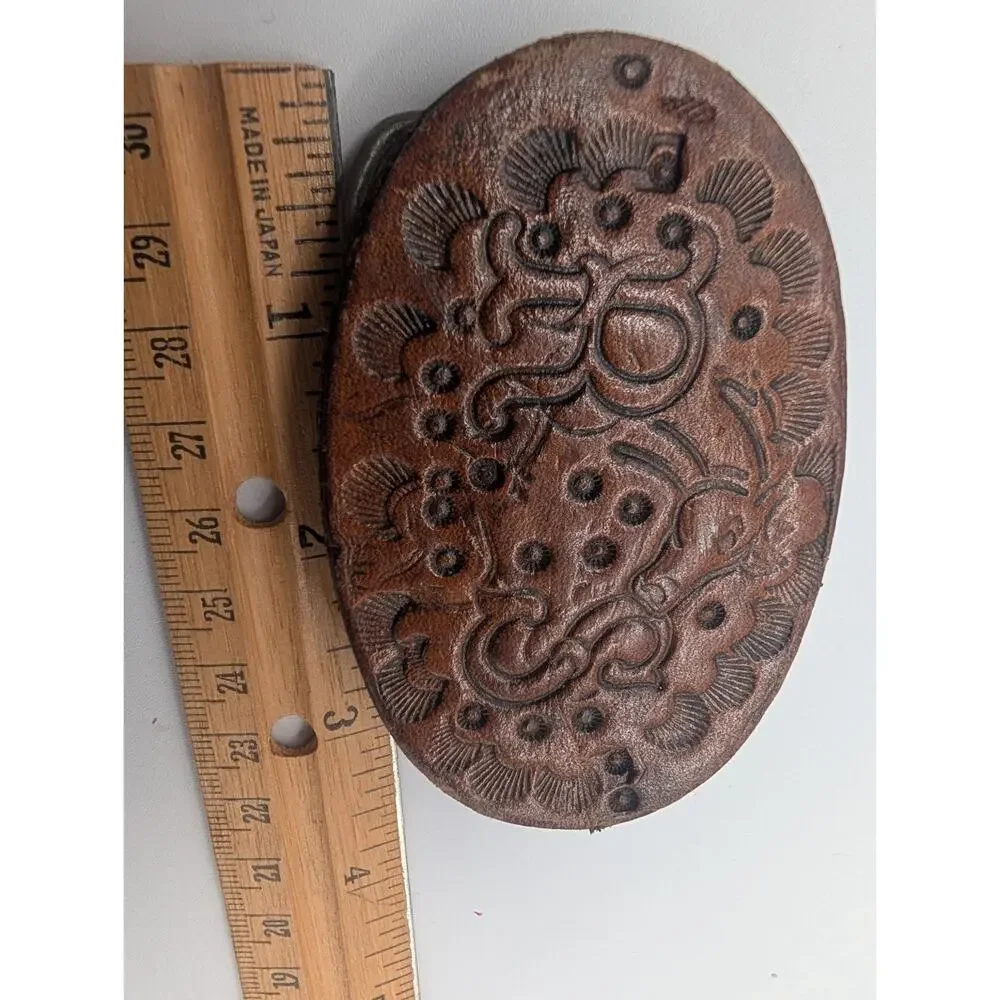Vintage Embossed Floral Leather Belt Buckle Western Boho Rustic Brown 